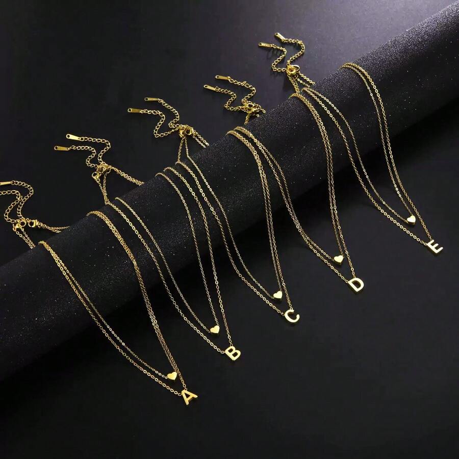 Kit 2 Necklace With Women's Letter Pendant, Initial Name And Heart, 925 Silver Or 18k Gold Plated - 金色 - 查看 1
