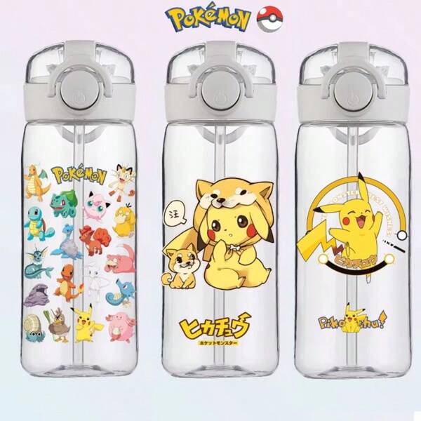 pokemon 400ML Cartoon Pokemon Pikachu Sports Water Bottle Outdoor Large Capacity Leak-Proof Cup Motivational Portable Plastic Cup Straw