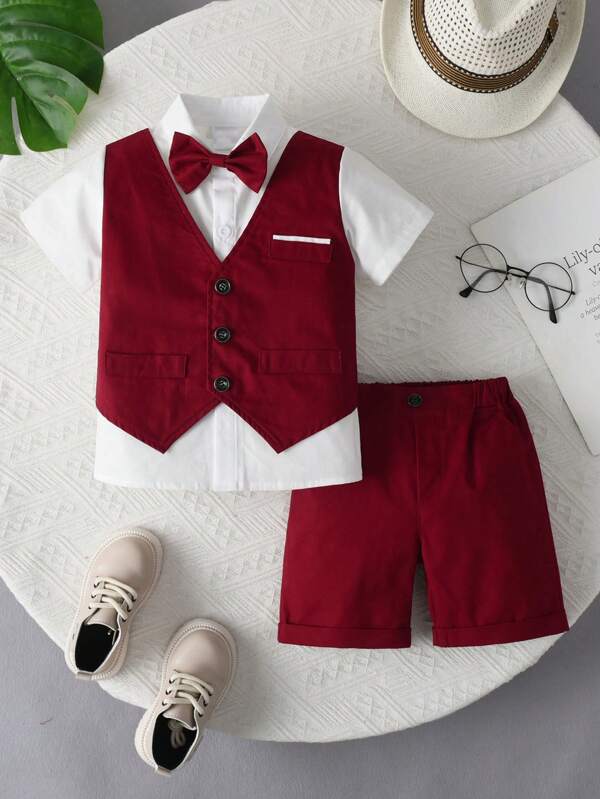 Conjunto de camisa de vestir de manga corta y shorts para niño pequeño, adecuado para bodas, fiestas y cumpleaños