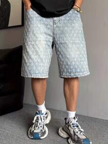 休闲时尚个性化提花牛仔短裤，夏季修身款 - 淺藍色 - 查看 4