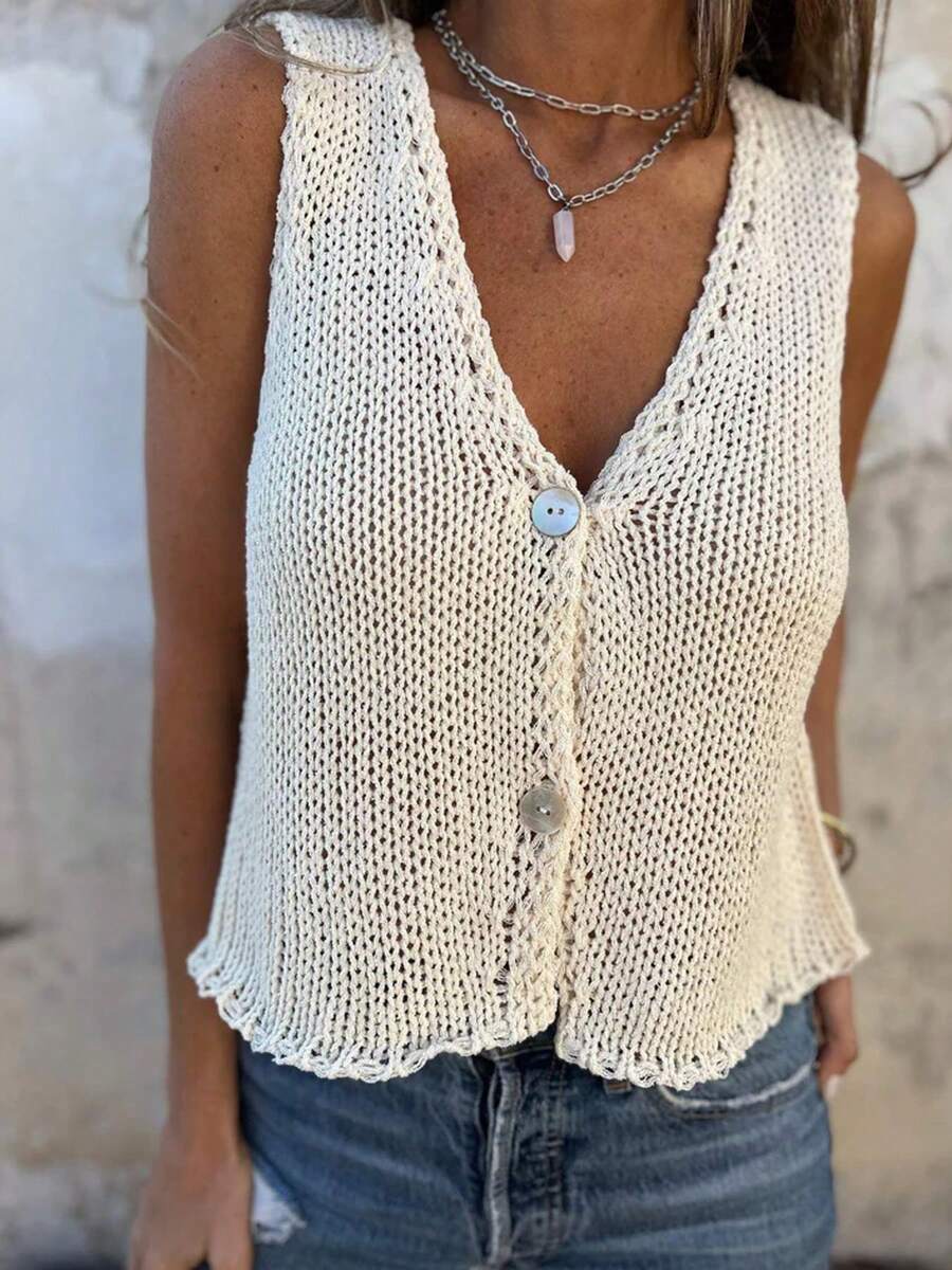 女士休闲纯色V领纽扣针织背心 - 米色 - 查看 1