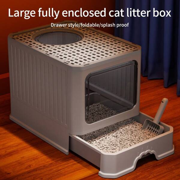 Fully Enclosed Enlarged Cat Litter Box, Litter Box, Splash Proof, Easy To Clean And Deodorize, 50 * 35 * 38cm/19.68 * 13.78 * 14.96 Inches, Suitable For Medium To Large Pets, Cat 2 Pieces Set, Including Cat Litter Scoop, Large Space Cat Supplies Drawer Style Quick Shovel Litter