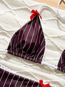 2 件女式条纹印花比基尼套装 - 休闲度假泳衣，含胸罩上衣和内裤 - 棕色 - 查看 5