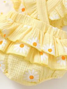 Baby Girl Cute Daisy Cap Sleeve Bodysuit + Headband Set - Yellow - View 6