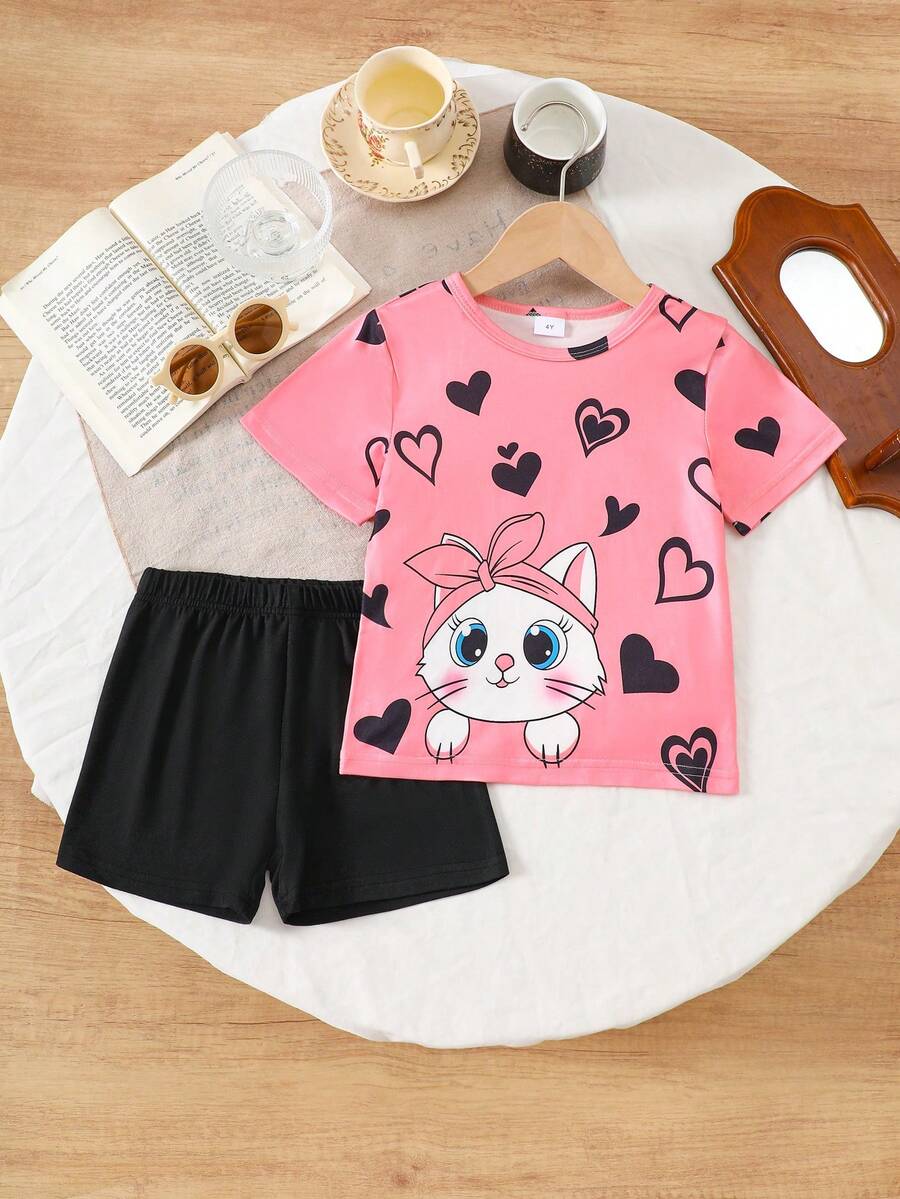夏季女童卡通猫印花短袖短裤套装，面料柔软亲肤，休闲风格，猫咪印花，适合4-7岁儿童，情人节风格猫咪印花女童短袖短裤套装，可爱卡通猫咪印花 - 粉色 - 查看 1