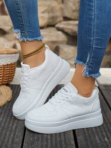 Women's Leather Stitching White Slip-On Lace-Up Color Block Comfortable Thick Sole Sneakers With Hidden Heightening Function - Casual White - View 2