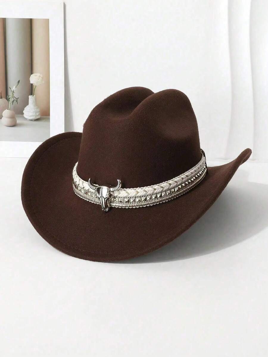 Sombrero vaquero de estilo vintage de poliéster para hombres y mujeres, con decoración de cabeza de vaca dorada, adecuado para uso casual diario, fiesta vaquera (talla única) - Multicolor - Ver 1