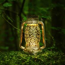 1pc Solar Powered Outdoor Lantern, Solar Hanging Light, Silver Iron Hollow Flower Pattern Decorative Lamp, Waterproof Outdoor Lamp For Table, Patio, Yard, Party Decor