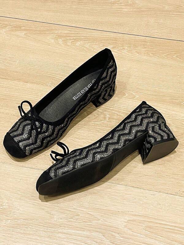 Zapatos de mujer de tacón ancho de punta cuadrada, bailarinas versátiles con lazo decorativo, zapatos de tacón tipo mula con diseño ondulado, tacones altos de color negro a la moda, tacones altos de mujer, talla grande