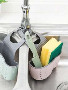 1pc TPR Drain Storage Basket, Modern Two Tone Hollow Out Faucet Drain Rack For Kitchen - Beige - View 2