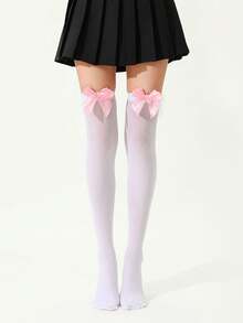 1 Pair Women Velvet Bow Accent Thigh High Stockings, Sexy Tempting Japanese Cute Style, Polyester Material, Summer