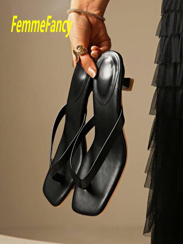Sandales à talons hauts de bureau de couleur unie de base pour femmes, tongs à talons hauts élégantes de mode pour les vacances, mules à bout carré à petit talon carré