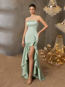 Faeriesty Women's Strapless Evening Gown With Cascading Ruffles & Asymmetrical Hem - Sleeveless Formal Dress With Body-Hugging Silhouette For Red-Carpet Galas, Black-Tie Dinners, Wedding Receptions, Charity Balls, Opera Nights