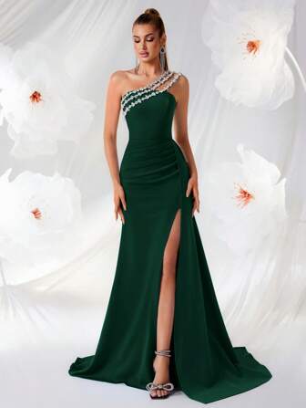 ADYCE Elegantes, handgefertigtes Satin-Kleid mit Strass, trägerloses Design mit hoher Taille und Schlitz an der Seite, rückenfreies Design, geeignet für Partykleider, Abschlussbälle, Geburtstagsfeiern, formelle Abendessen, Dates, Homecoming, Hochzeitsgäste, formelle Galas, Familienfeiern und andere Anlässe.