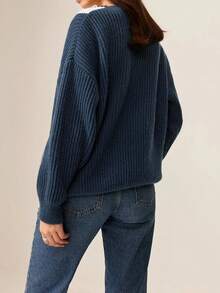 2025 Nouveau pull ample décontracté rétro à col V manches longues pour femmes, blocs de couleurs, adapté pour l'automne/hiver, Halloween, Noël, Fête nationale saoudienne, Nouvel An, Remise des diplômes, Soirée élégante - Bleu marine - Voir 9