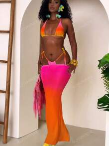 3pcs Women's Sexy Beachwear Swimwear Bright Ombrem Solid Color Sexy Halter Bikini Swimwear Set Long Sarong Dress Beachwear For Holidays