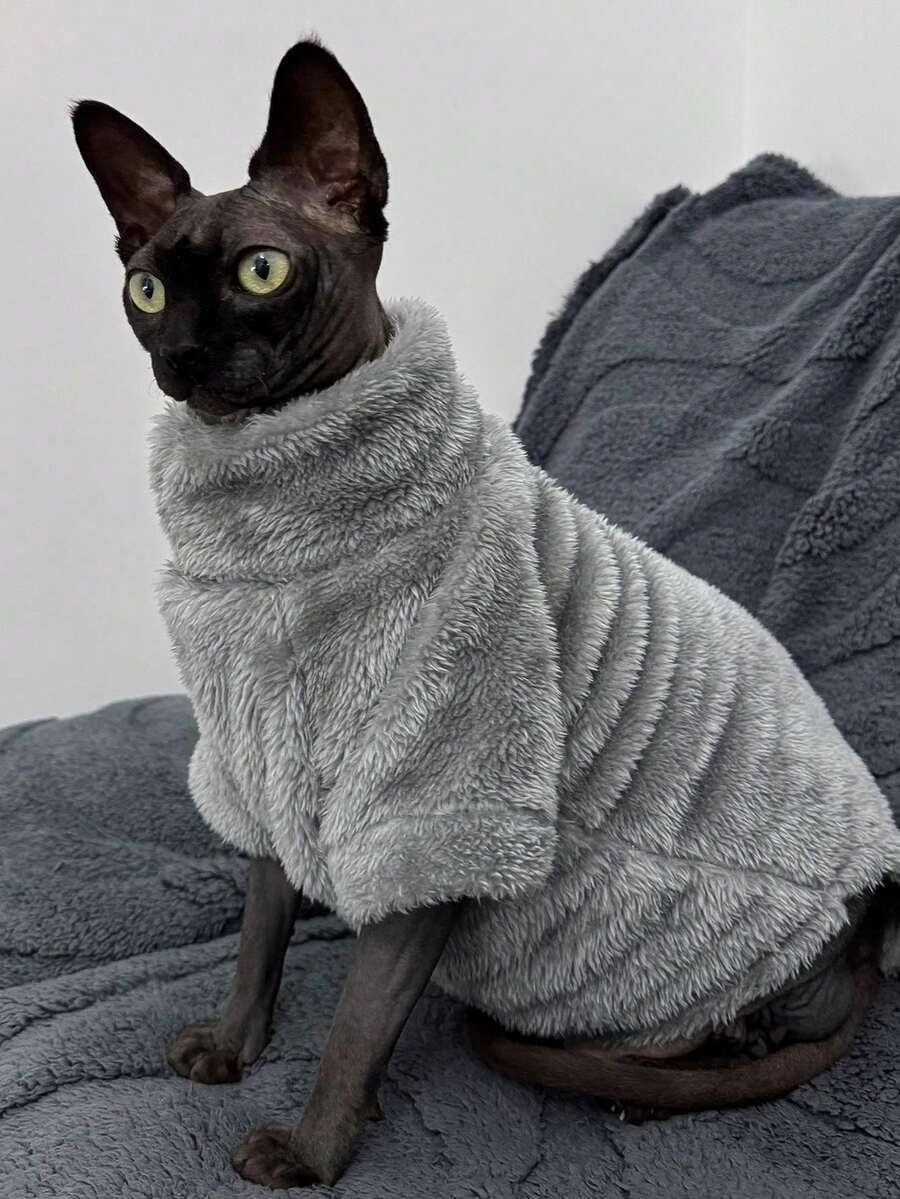 Pulover pentru pisici, haine de casă, 5 culori disponibile, cald, solid, moale, fleece polare, prietenos cu pielea, potrivit pentru pisici Sphynx și câini mici, toamnă/iarnă - Gri inchis - Vizualizare 1