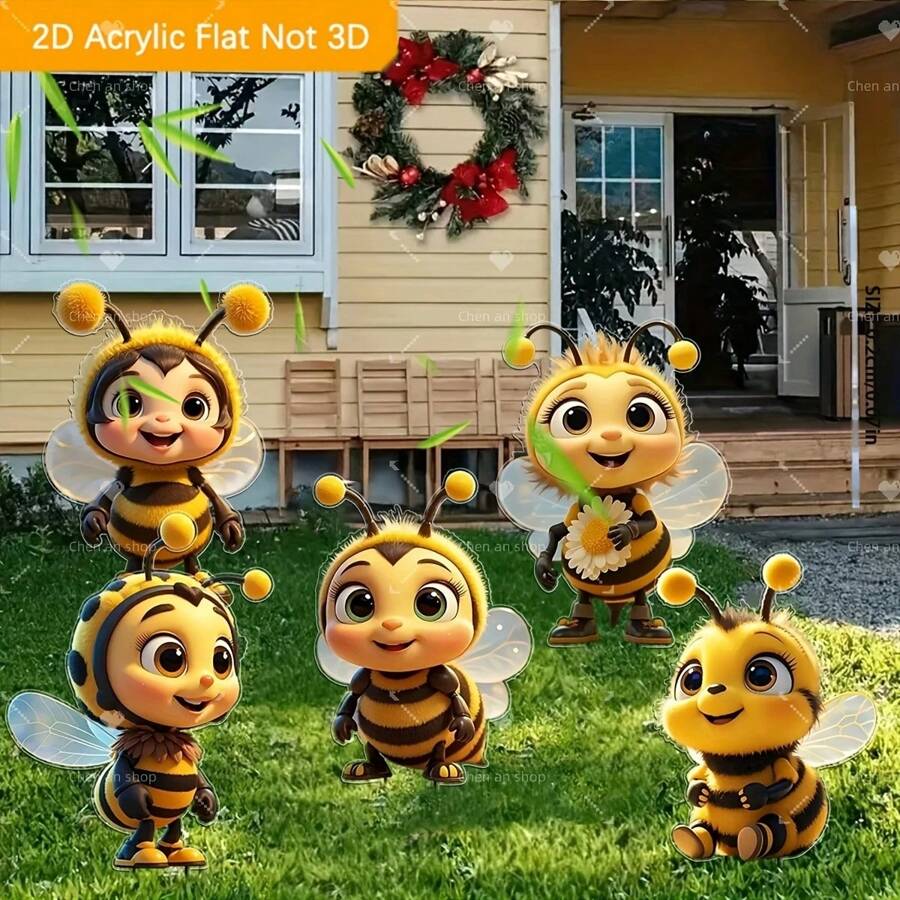 2D, 5 Stück süße Bienen Freunde Acryl Gartendekoration, Outdoor Dekorationen für Gärten, Rasenflächen, Topfpflanzen, Höfe und mehr, perfektes Geschenk, 2D flach