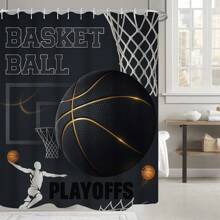 1/4 pièces Ensemble de rideaux de douche thème basket-ball, en tissu de polyester imperméable, style minimaliste moderne pour la décoration de la maison. Tapis de bain en forme de U, tapis de bain antidérapant, avec 12 crochets Back to School