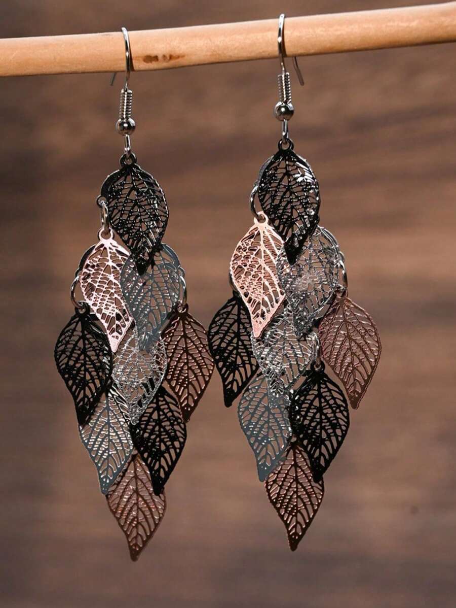 1 Pair Fashionable Korean Vintage Hollow Tree Leaf Tassel Earrings For Women, Daily Wear & Gift