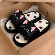 1 Pair Cute & Cool Black Cat Design Women Summer Slippers, Soft Bottom Indoor/Outdoor House Slipper, Student Dormitory