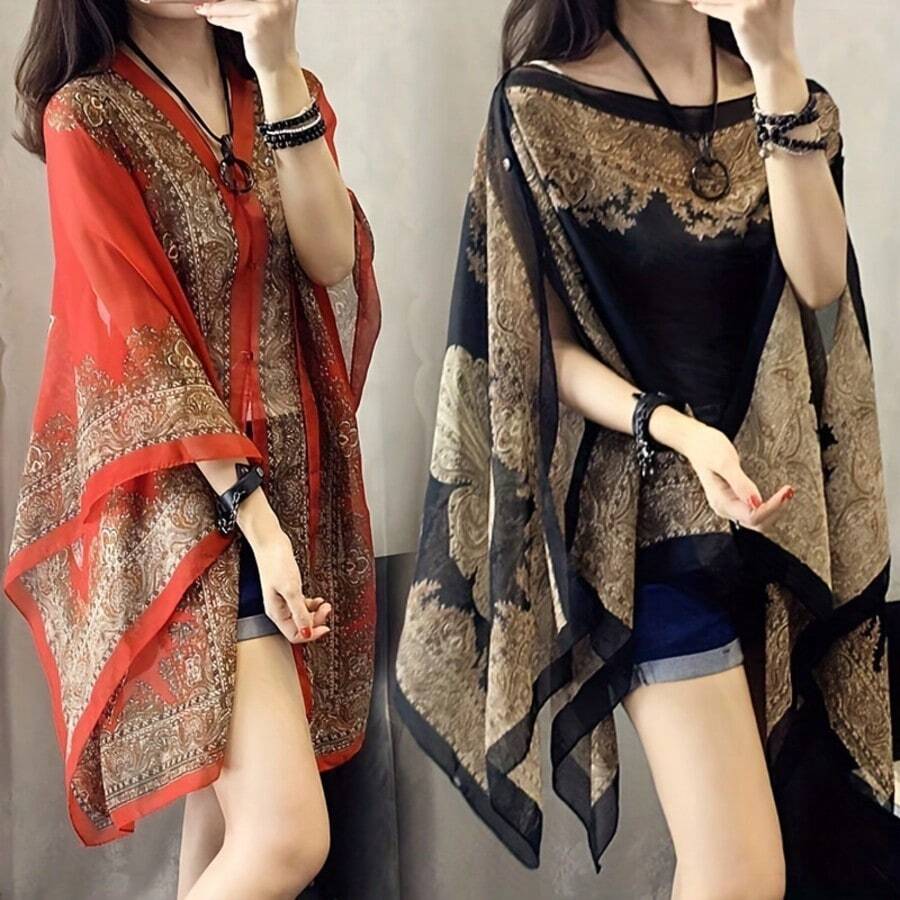 Plus Size Bohemian Floral Print Chiffon Shawl Scarf - Lightweight Beach Cover-Up For Women, Wrinkle-Resistant Summer Vacation Wrap With Random Floral Pattern, Hand Wash/Dry Clean, Beachwear, Stylish Beachwear, Soft Texture, Delicate Material, Fashion Accessory, Boho Lovers - Multicolor - View 1