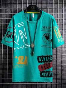 Conjunto de camiseta de manga corta con cuello redondo y estampado de letras, y pantalones cortos casuales para hombre. Conjunto de 3 piezas de verano para hombre - Verde - Ver 9