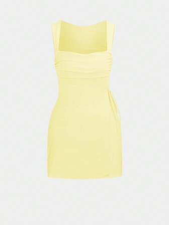 欧美风女装夏季新款亮黄色时尚方领性感短款连衣裙修身廓形不对称设计女士连衣裙