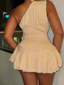 Alexandranx 不对称领口荷叶边修身女式连体裤 - 杏色 - 查看 9