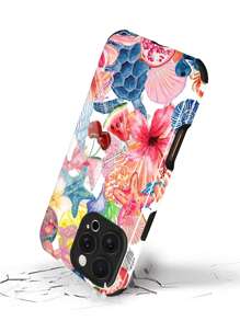 1 pieza Nueva Funda híbrida de TPU+PC a prueba de golpes, antideslizante y protectora con diseño de flor, tortuga marina y estrella de mar compatible con Apple 16/16 Plus/16 Pro/16 Pro Max