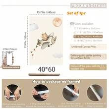 1件/3件/套婴儿房装饰画。动物历险记婴儿墙面艺术套装 - 水彩动物印花、热气球印花、猫咪飞机印花、月亮和云彩背景、柔软彩旗细节、婴儿房墙面装饰