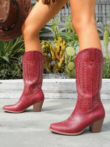 Women's V-Cut Pointed Toe Chunky Heel Embroidered Western Cowgirl Boots, Outdoor Fashion Slip-On Mid-Calf Boots, Spring/Autumn, Plus Size