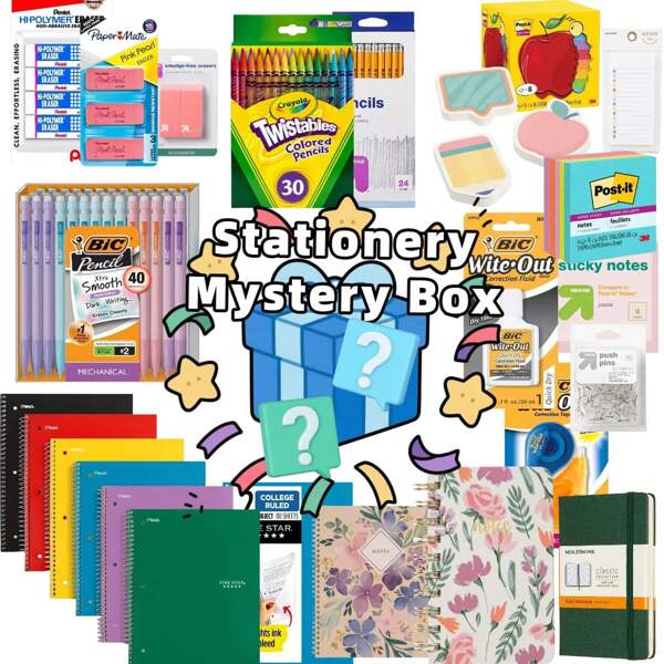 Surprise Stationery Mystery Box - 6 Sets Of School And Office Supplies, Including Notebooks, Pens, Pencils, Erasers, Correction Tapes And Sticky Notes (Random Aesthetic Design, Essential For Returning To School)