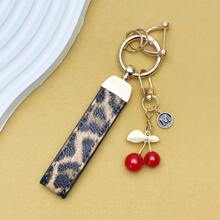TTOBS 1pc Exquisitely Crafted Leopard Print Leather Car Key Chain With Adorable Cherry Pendant - , Fashionable And Multi-Functional Backpack Keychain - The Perfect Accessory For Backpacks. The Perfect Valentine's Day Gift, Also An Ideal Gift For Your Beloved Girlfriend.