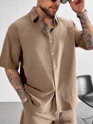 Men's Drop Shoulder Shirt, 100% Cotton Short Sleeve Shirt, Solid Color Loose Fit Turndown Collar Shirt, Breathable Business Casual Office Wear, Holiday Casual Gift, Gift For Dad, Retro Black Shirt