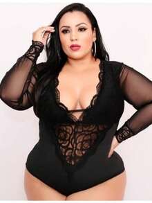 BIZANCING LUXURY BODYSUIT LONG SLEEVE PLUS SIZE TULLE LACE SLEEVE - Negro - Ver 1