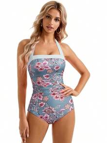 Women Sexy Tummy Control One Piece Swimsuit Halter Retro Bathing Suit - 68 Hoa đỏ cổ điển - Xem 2