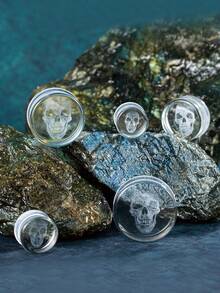 1 对时尚朋克风格穿孔宝石，激光雕刻骷髅玻璃耳塞，男女通用身体珠宝塞，适合日常和派对佩戴