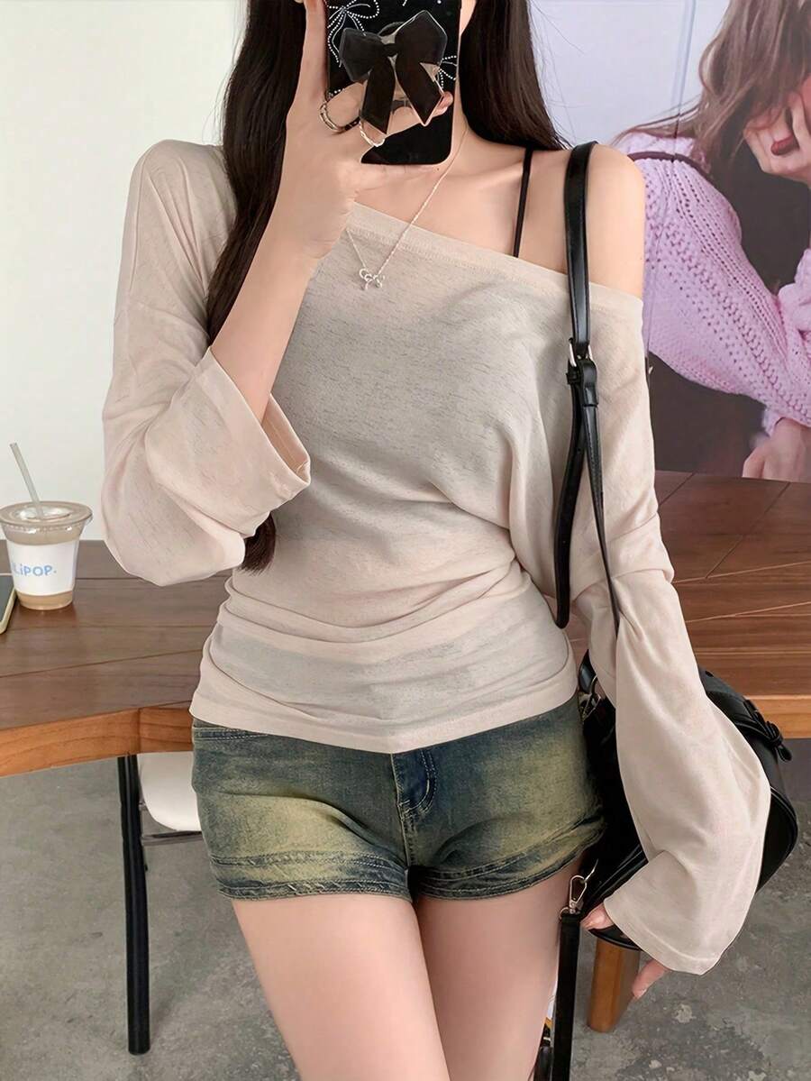 透视系腰长袖宽松罩衫，凸显身材 - 杏色 - 查看 1