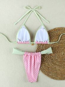 女士时尚休闲夏季海滩度假约会波点印花挂脖比基尼套装，情人节新品 - 印花 - 查看 4