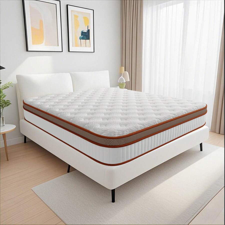 Matelas 140x200 cm, Matelas à Ressorts Ensachés Hauteur 25 cm, Matelas Orthopédique 7 Zones Avec Mousse Confort, Tissu à Surface Douce, Matelas Pour Adultes - Orange Blanc - Voir 1