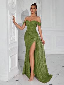 ADYCE Đầm dạ hội dài bằng satin lấp lánh cổ hình trái tim, eo xếp ly, thắt nơ phía trước, xẻ tà sau, đính sequin, thích hợp cho tiệc Giáng sinh. - màu xanh lá - Xem 6