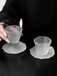 1 件优质玻璃茶杯带茶碟，日式蘑菇形饮茶杯，个人功夫茶杯，透明磨砂云朵图案杯碟 - 彩色 - 查看 10