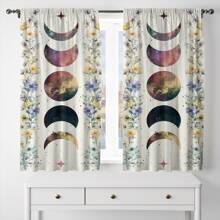 2pcs Blackout Curtains - Celestial Floral Design With Colorful Nebula Moon Phase And Stars, Machine Washable Polyester Curtains For Living Room, Bedroom, Bathroom - Modern Watercolor Cosmic Pattern, All Season