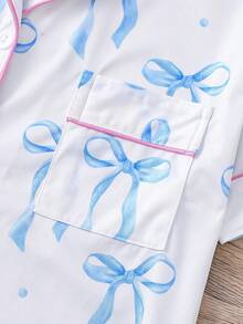 2-Piece Women's Pajamas Set With Short Sleeves, Blue And White Bow Print, Button-Down Collar Cardigan Top, Elastic And Comfortable Shorts, Bow Pattern Comfortable Casual Summer Home Clothes. - Blue and White - View 5