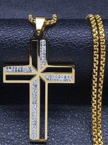 1 pieza Elegante collar con cruz católica para hombre, Conjunto de joyas con collar de acero inoxidable con cruz cristiana en color dorado/plateado/negro, con accesorio de moda brillante