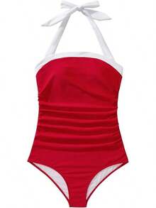Women Sexy Tummy Control One Piece Swimsuit Halter Retro Bathing Suit - 68 Red White - View 4