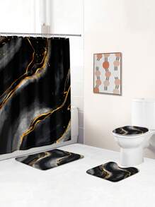 1pc/4pcs Black Marble Patterned Summer Shower Curtain Four Piece Set, Including Waterproof Shower Curtain, Non Slip Floor Mat, Toilet Seat Cover, And U-Shaped Mat, Complete Set Of Shower Curtain Kit, Twelve Hooks, Bathroom Decoration, Holiday Gift Back To School