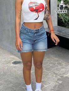 Women Plus Size Simple Loose Straight Denim Bermuda Shorts - Light Wash - View 3