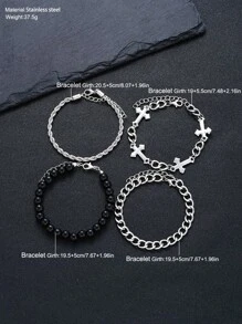 Set de 4 pulseras de acero inoxidable con cuentas en forma de cruz, estilo punk, para hombres, regalo